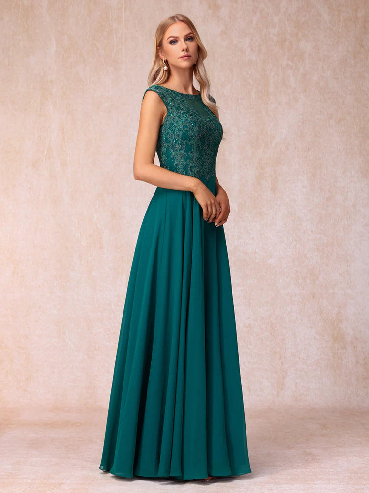 A-Line/Princess Sheer Neck Sleeveless Long Formal Evening Dresses With Beading