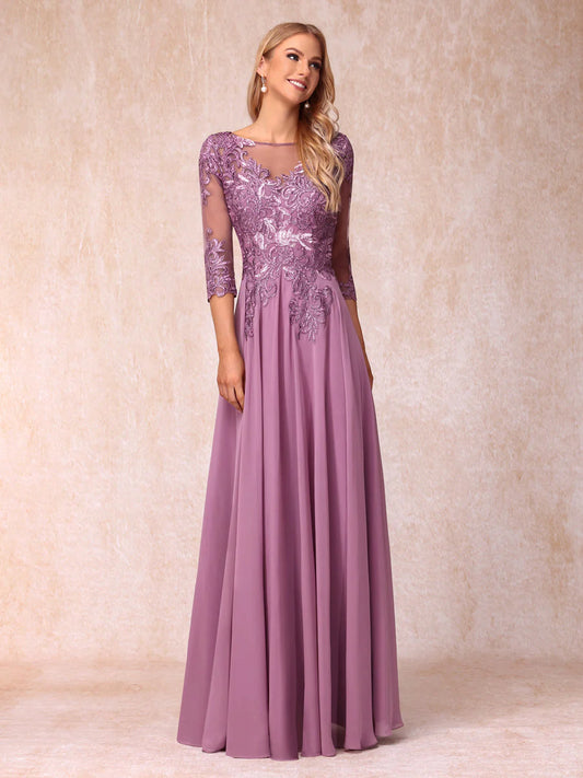 A-Line/Princess Sheer Neck 3/4 Sleeves Long Formal Evening Dresses With Sequins