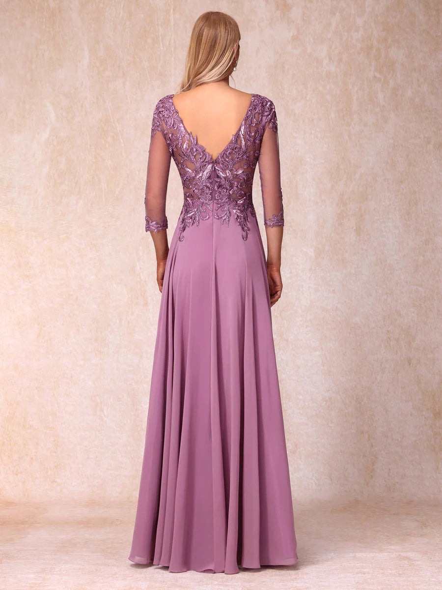 A-Line/Princess Sheer Neck 3/4 Sleeves Long Formal Evening Dresses With Sequins