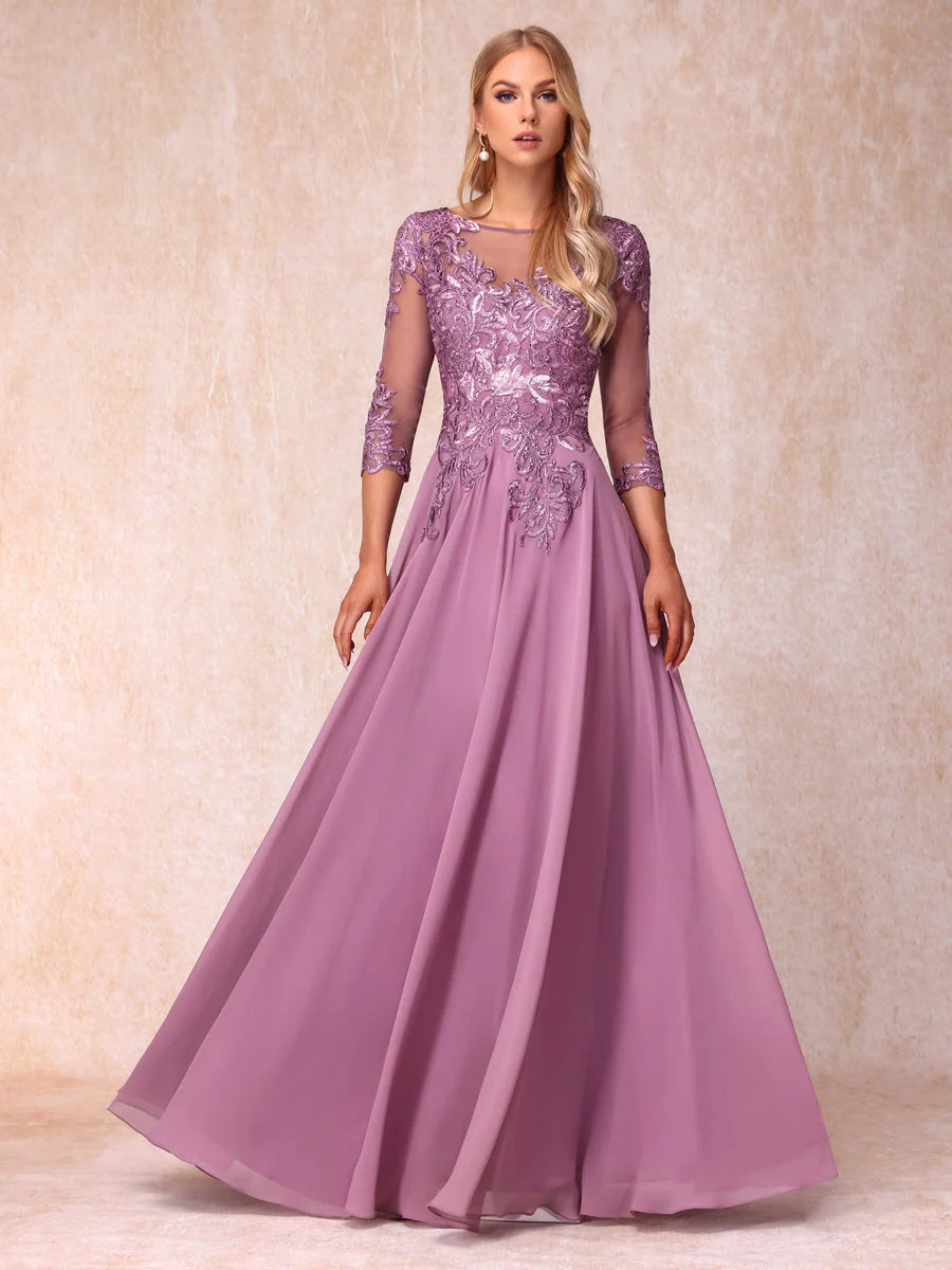 A-Line/Princess Sheer Neck 3/4 Sleeves Long Formal Evening Dresses With Sequins