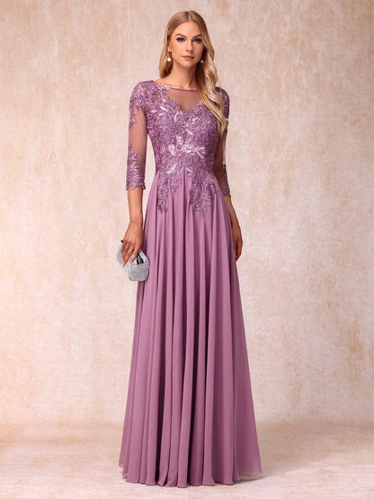 A-Line/Princess Sheer Neck 3/4 Sleeves Long Formal Evening Dresses With Sequins