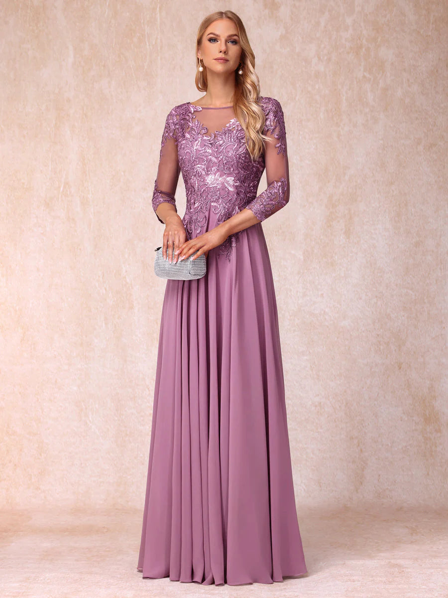 A-Line/Princess Sheer Neck 3/4 Sleeves Long Formal Evening Dresses With Sequins