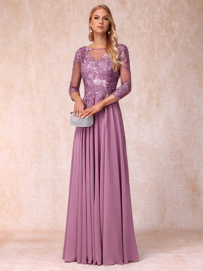 A-Line/Princess Sheer Neck 3/4 Sleeves Long Formal Evening Dresses With Sequins