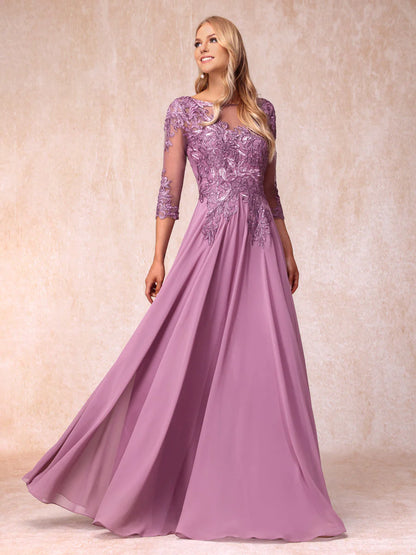 A-Line/Princess Sheer Neck 3/4 Sleeves Long Formal Evening Dresses With Sequins