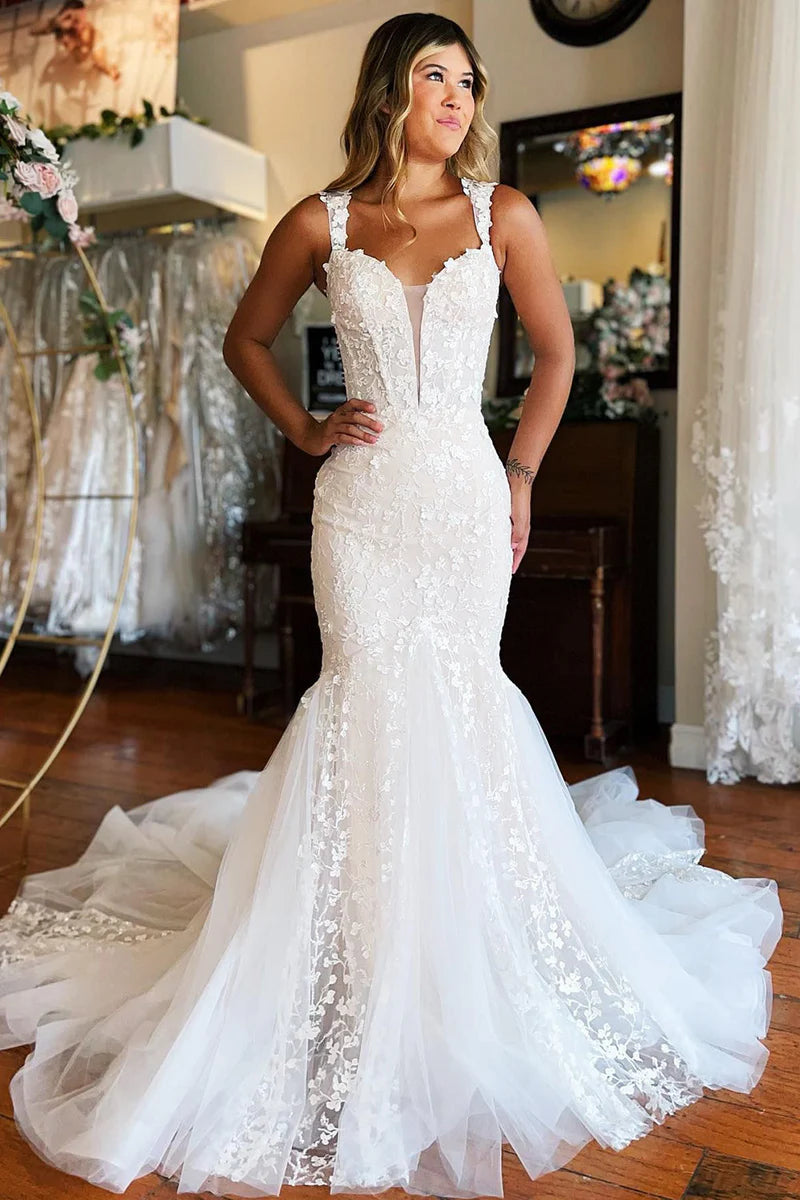 Mermaid White Lace Sweep Train Long Wedding Dress with Appliques