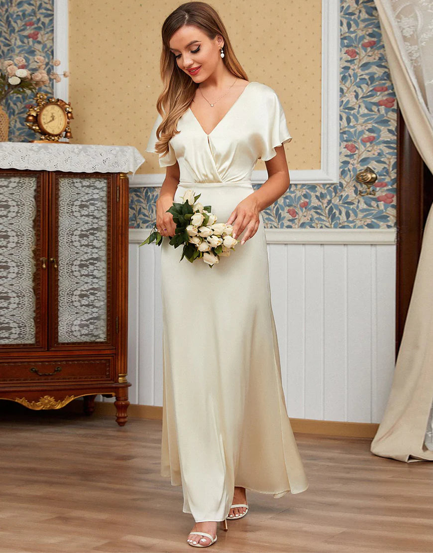 Ivory V-Neck Bridesmaid Dress Floor-length with Sleeve