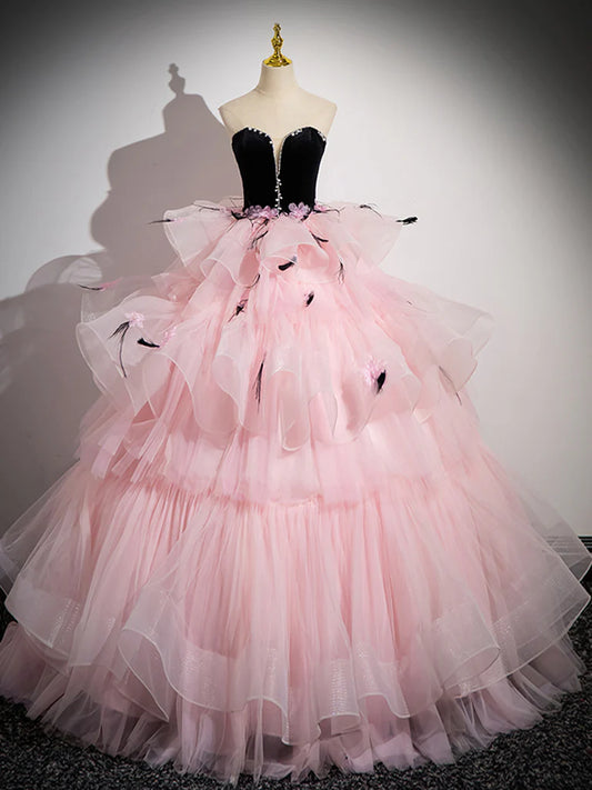 Pink Sweetheart Neck Tulle Strapless Long Layered Prom Dress Quinceanera Dress