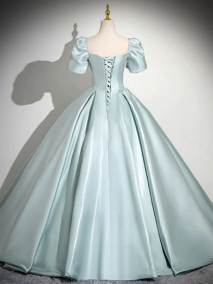 A-Line Sweetheart Neck Puff Sleeves Satin Quinceanera Dress Blue Long Prom Dress