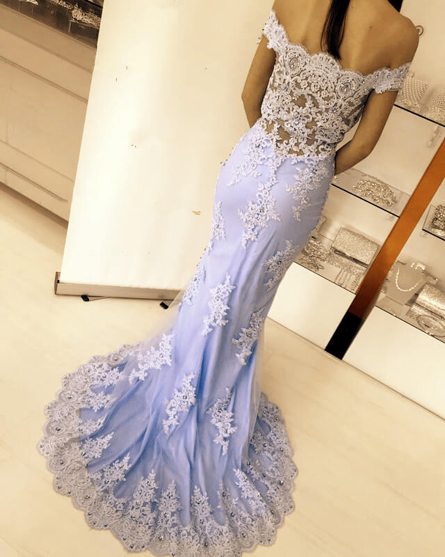 Mermaid Off-the-shoulder Lace Overlay Prom Dresses with Sweep Train