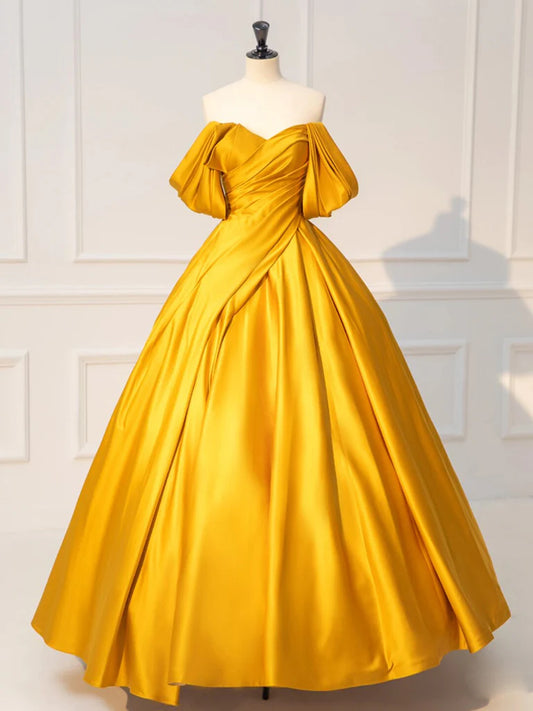 Yellow Off Shoulder Satin Long Prom Dress Quinceanera Dress