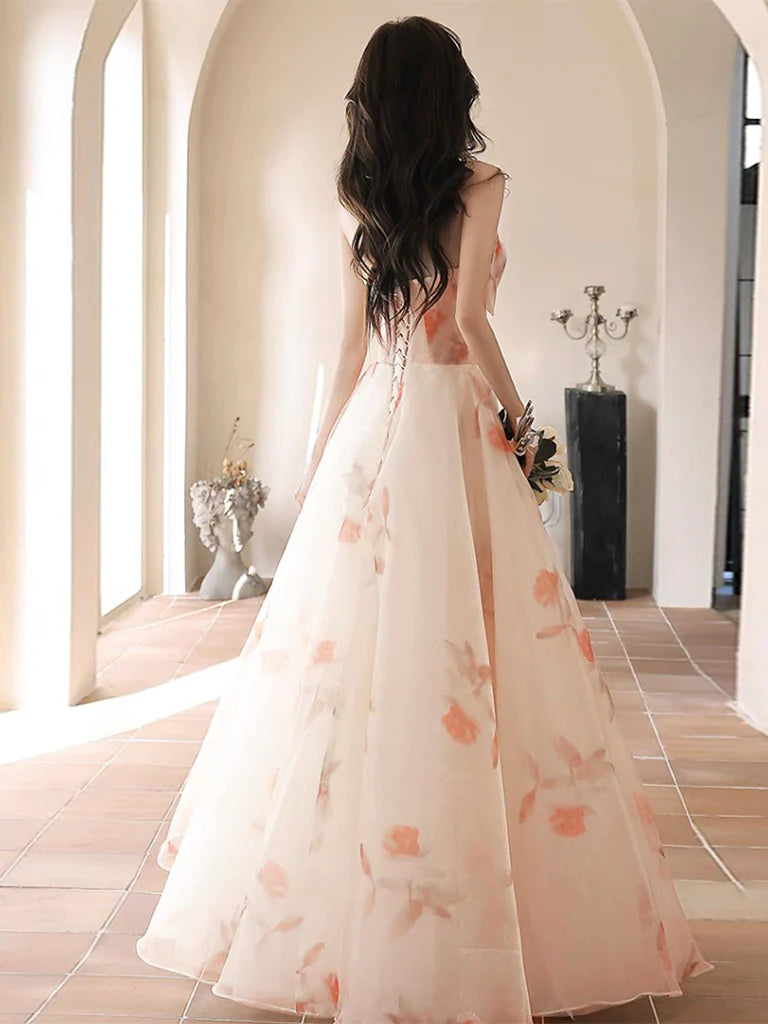 A-Line Champagne Long Prom Dress Tulle Floral Print Dress