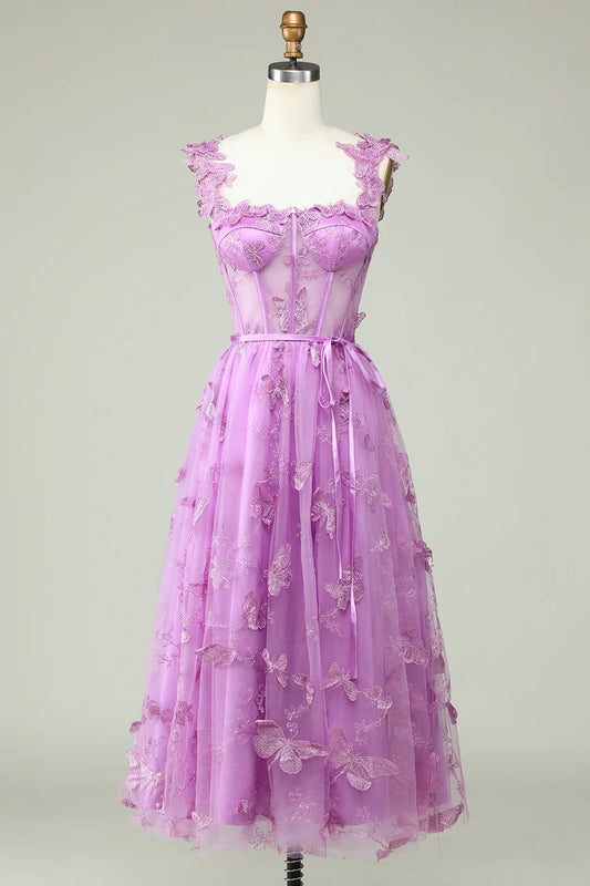 Purple A Line Tulle Butterflies Appliques Prom Dress