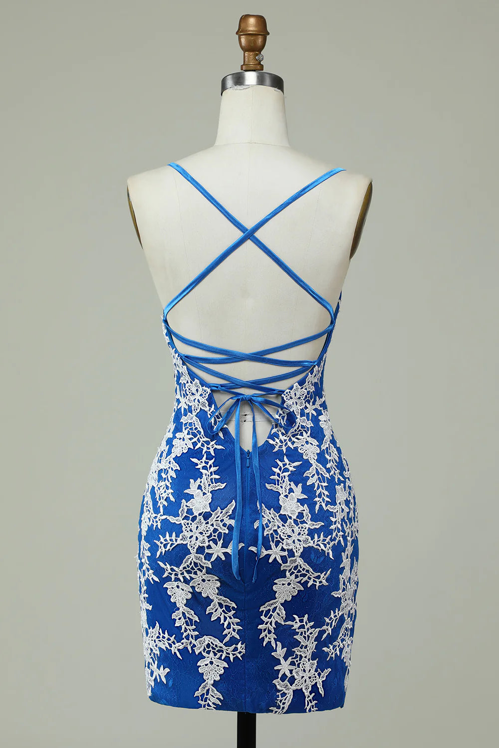 Sheath Spaghetti Straps Blue V-Neck Lace Homecoming Dress With Appliques