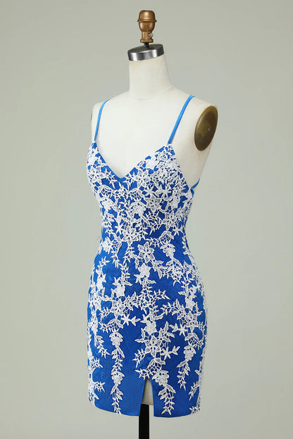 Sheath Spaghetti Straps Blue V-Neck Lace Homecoming Dress With Appliques