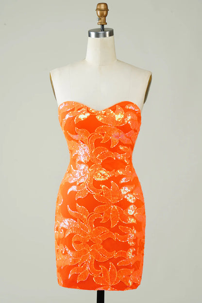 Strapless Orange Tight Homecoming Dress With Lace Up Back