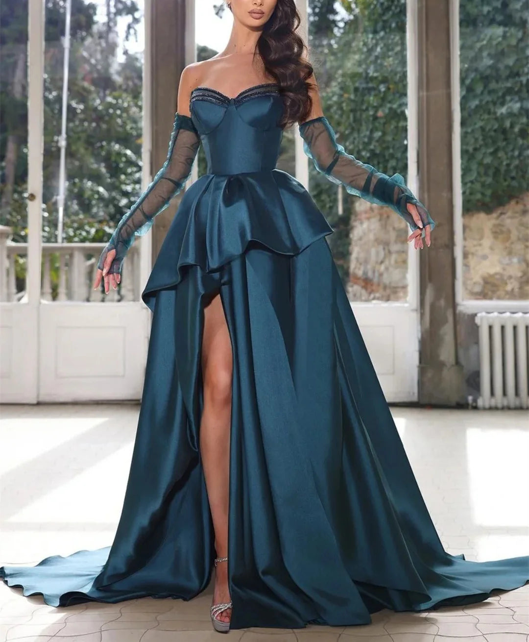 A-Line Strapless Half Sleeves Floor-length Long Formal Evening Dresses With Split Side