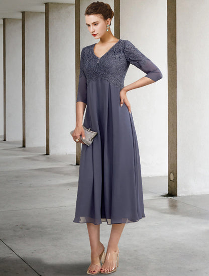 A-Line Mother of the Bride Dress Wedding Guest V Neck Tea Length Chiffon Lace 3/4 Length Sleeve with Ruffles Appliques