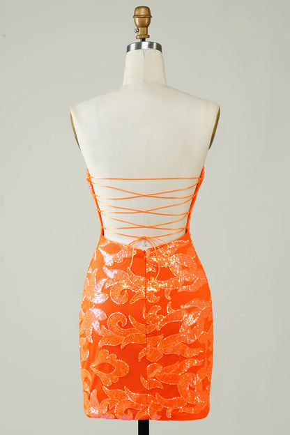 Strapless Orange Tight Homecoming Dress With Lace Up Back