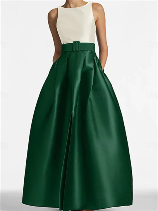 A-Line Scoop Sleeveless Floor-Length Formal Evening Dresses with Belt