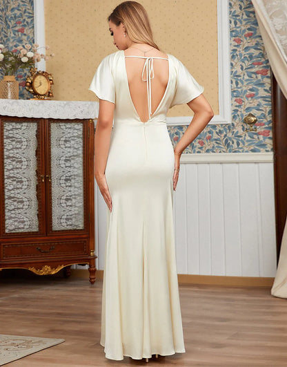 Ivory V-Neck Bridesmaid Dress Floor-length with Sleeve