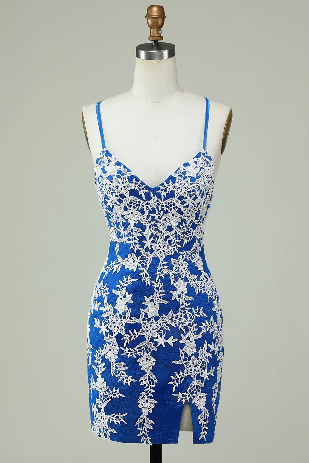 Sheath Spaghetti Straps Blue V-Neck Lace Homecoming Dress With Appliques