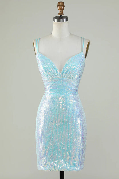 Sheath Spaghetti Straps Light Blue Sequins Criss Cross Back Homecoming Dress