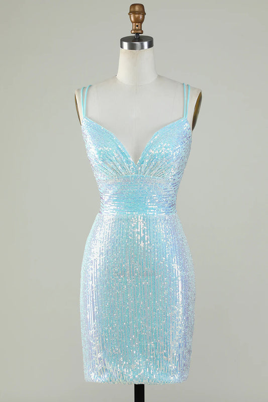 Sheath Spaghetti Straps Light Blue Sequins Criss Cross Back Homecoming Dress