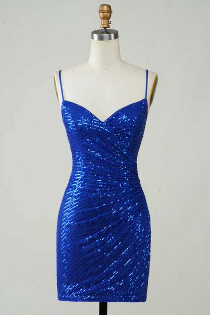 Bodycon Spaghetti Straps Sequins Homecoming Dress With Lace Up Back