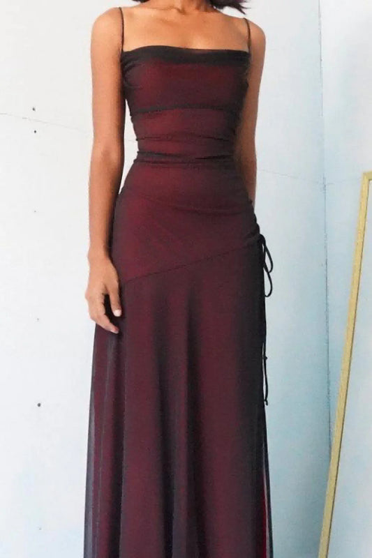 Sheath Spaghetti Straps Burgundy Floor-length Long Prom Dress with Silt