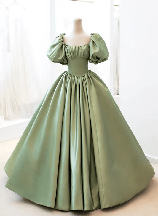 A-Line Princess Green Satin Puffy Sleeves Long Formal Dress Satin Prom Dress Party Dress