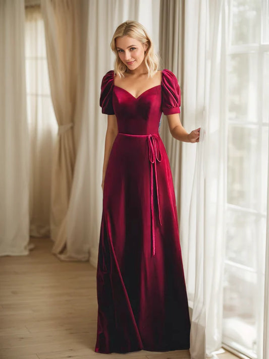 Puffed short sleeves sweetheart neckline long velvet prom dress