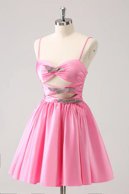 Cute A-Line Spaghetti Straps Pleated Homecoming Dress with Keyhole