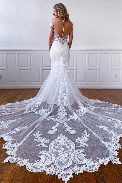 Mermaid Off-the-Shoulder Short Sleeves Long White Lace Bridal Dress