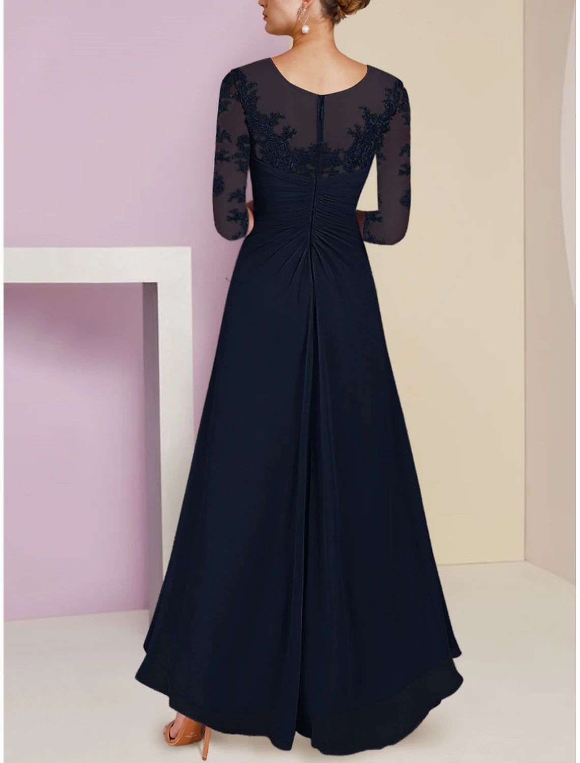 A-Line Mother of the Bride Dress Scoop Neck Asymmetrical Ankle Length Chiffon 3/4 Length Sleeve with Lace Sequin Ruching