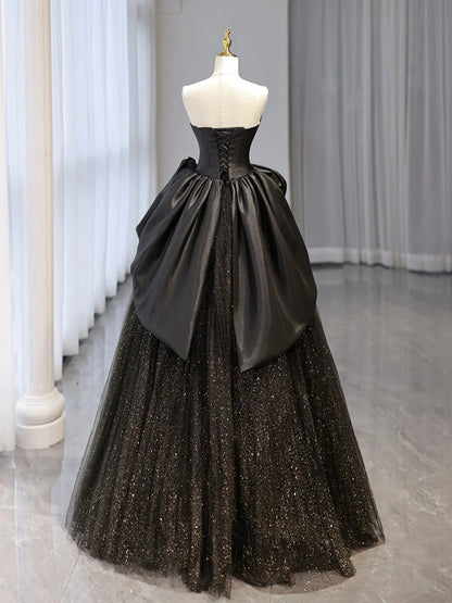 Glitter A-Line Sweetheart Neck Tulle Satin Ballgown Black Long Prom Dress