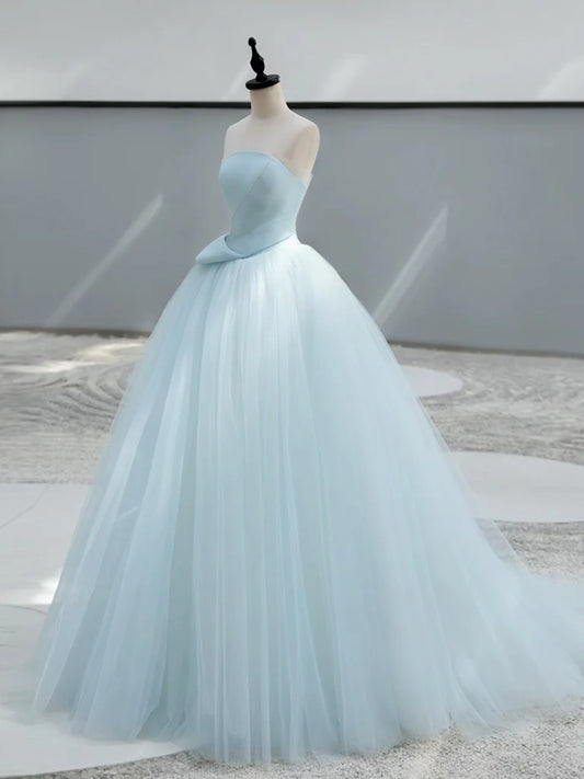 A-Line Satin Tulle Blue Quinceanera Dress Long Prom Dress Ball Gown