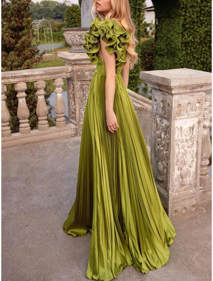 A-Line Evening Gown Formal Wedding Guest Floor Length Sleeveless One Shoulder with Pleats Shouder Flower