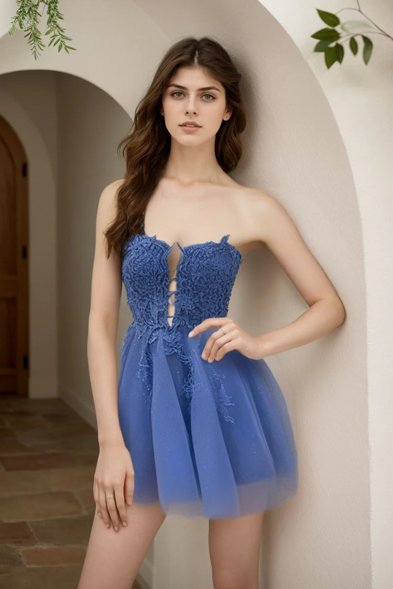 Cute A-Line Strapless Navy Tulle Homecoming Dresses with Appliques