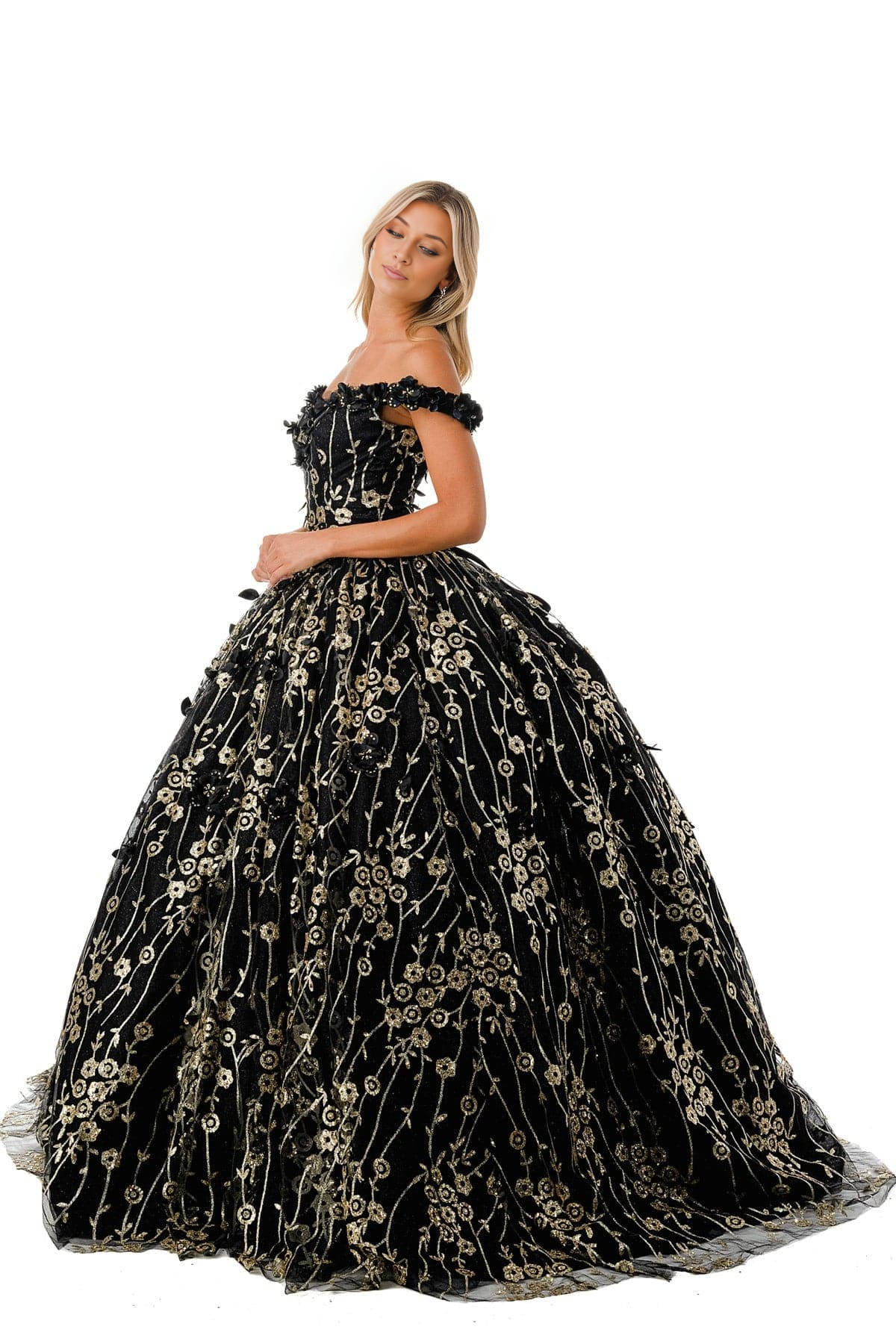 Gorgeous Black Gold Floral Inspired Off Shoulder Quinceanera Dress Ball Gown Princess Dress