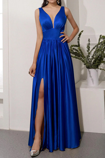 Satin V-neck Wedding Guest Dress Long Prom Party Dress With Slit