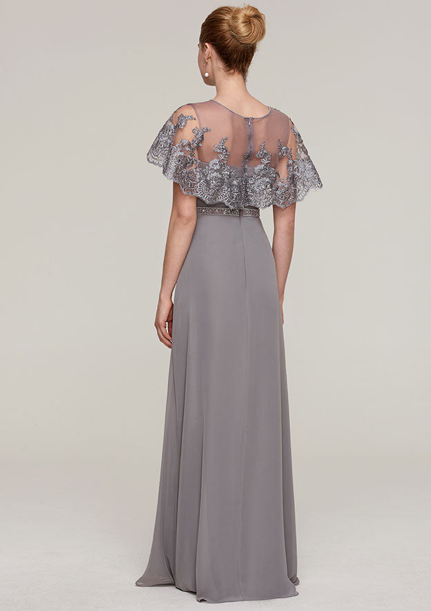 Sheath/Column Bateau Short Sleeve Long/Floor-Length Chiffon Mother of the Bride Dresses With Beading Appliqued