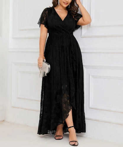 A-Line V-Neck Mother Of The Bride Dresses Plus Size Short Sleeve Ruffled Lace Formal Evening Dress