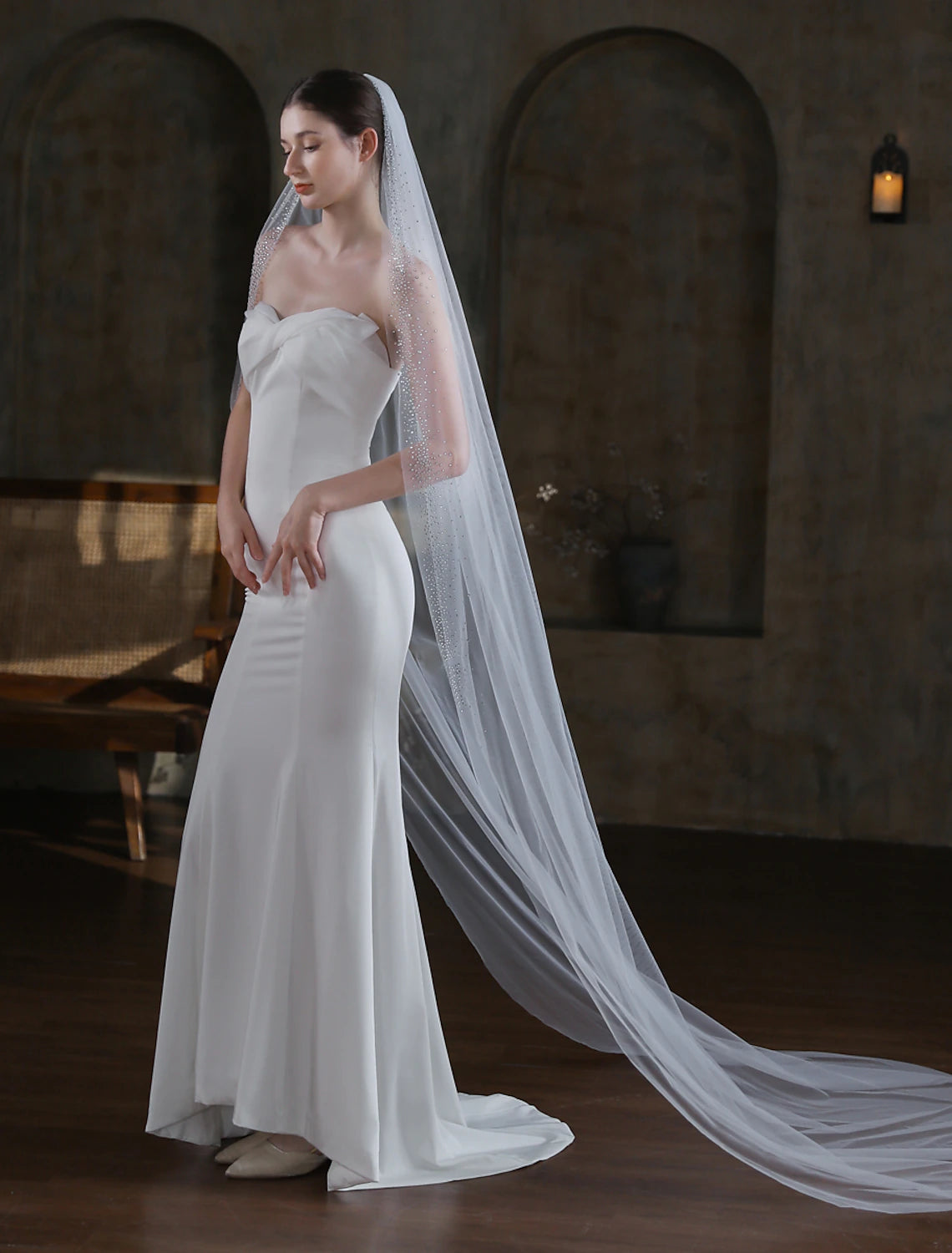 One-tier Luxury Wedding Veil Cathedral Veils with Sparkling Glitter Tulle