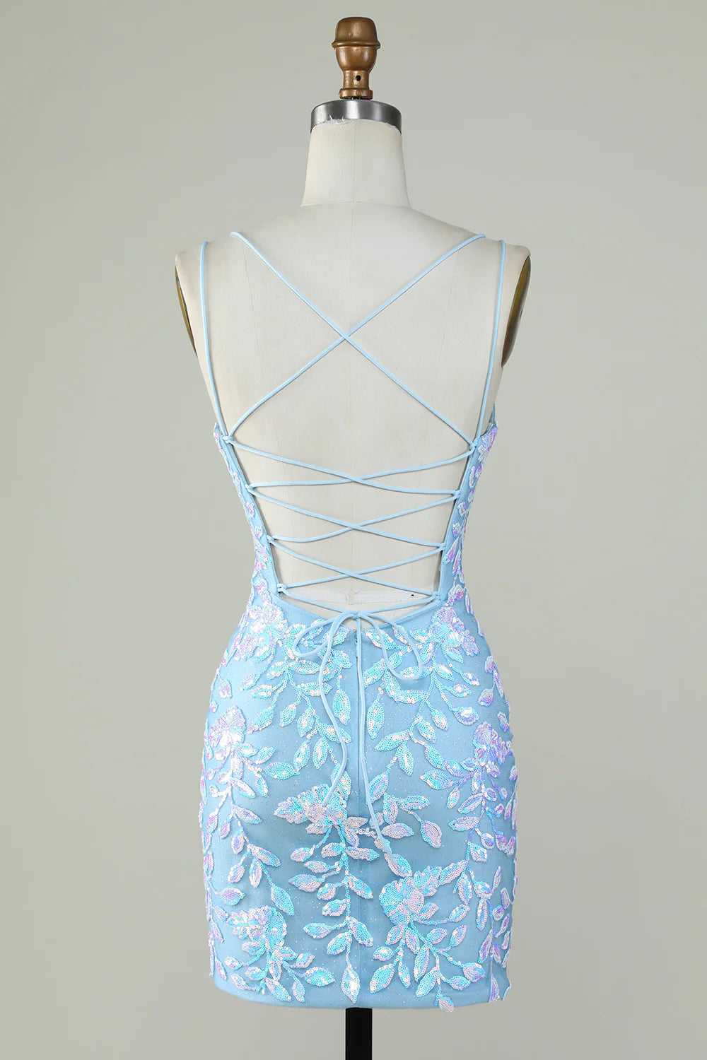 Light Blue V-Neck Sparkly Backless With Lace Up Back Homecoming Dress