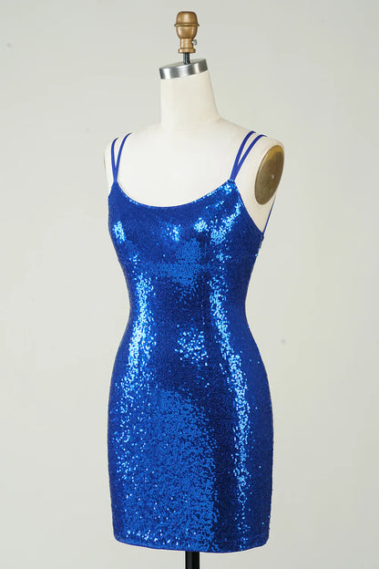 Royal Blue Sheath Sequins Mini Dress Backless Homecoming Dress