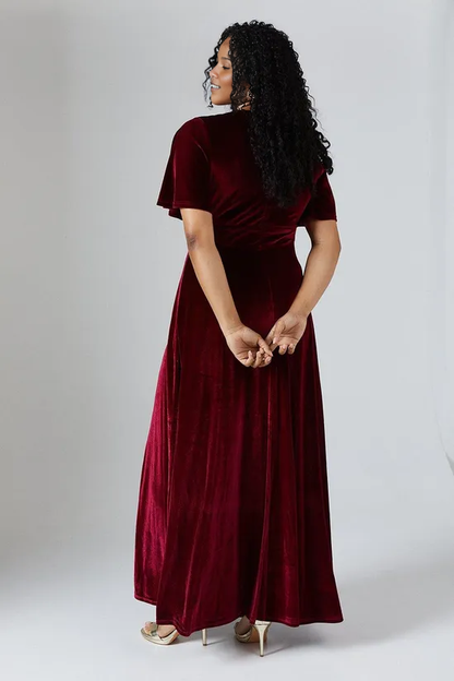 V Neck Angel Sleeve Velvet Bridesmaids Maxi Dress Floor-length Wedding Guest Dresses