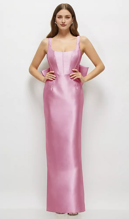 Scoop Neck Corset Satin Maxi Dress with Floor-Length Bow Tails Long Bridesmaid Dresses Wedding Guest Dresses