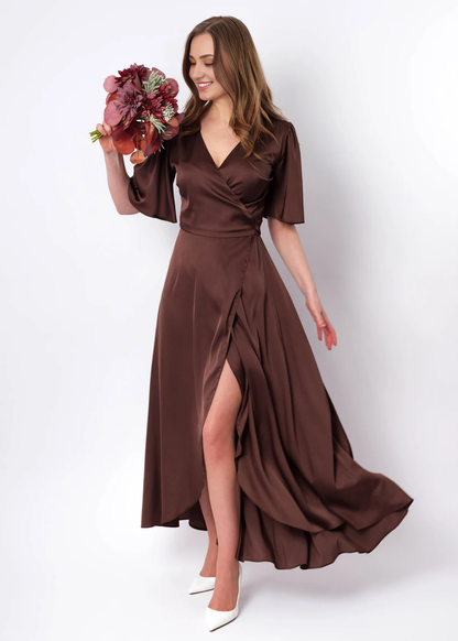 Choсolate Brown V-Neck Silk Dress Wrap Dress Bridesmaid Dress Wedding Guest Dress