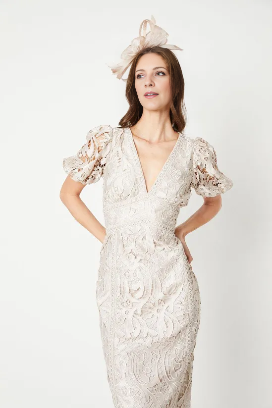 Satin Lace V-neck Pencil Dress With Puff Sleeve Lace Knee-length Mother of the Bride Dresse