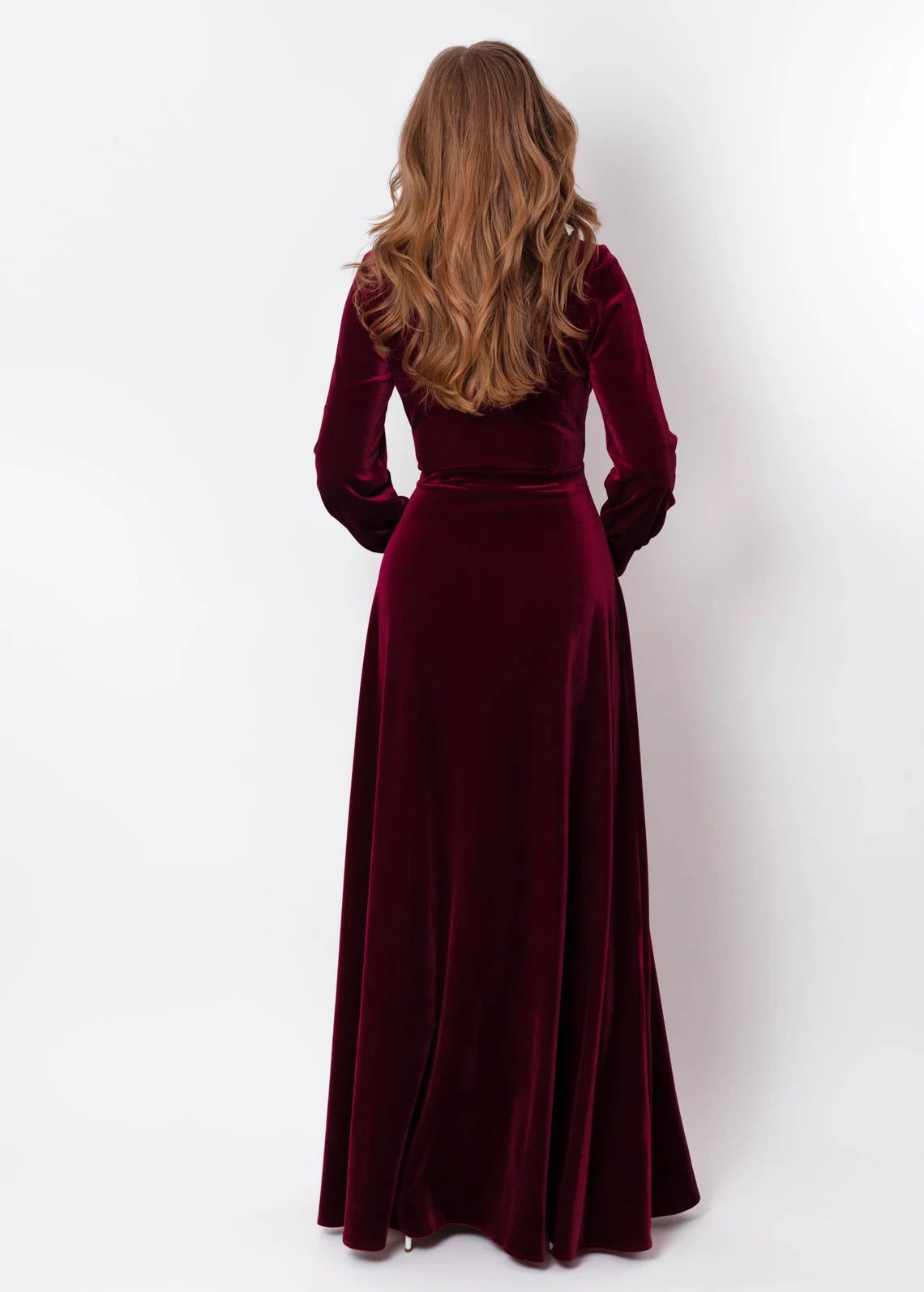 Burgundy Winter Velvet Long Dress Long Sleeves Bridesmaid Dress Wedding Guest Dress